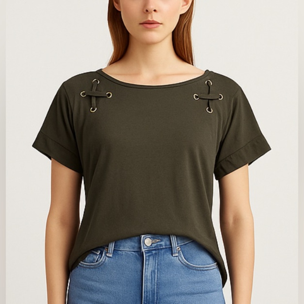 Michael Kors Lace-Up Grommet Front Tee in Olive Green and Gold Detail – Size L